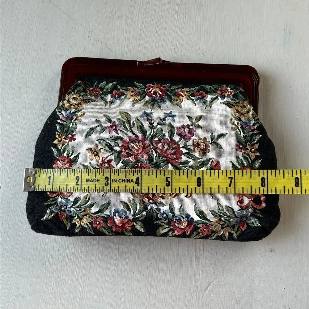Floral Embroidered Clutch with Red Brown Lucite Frame EUC